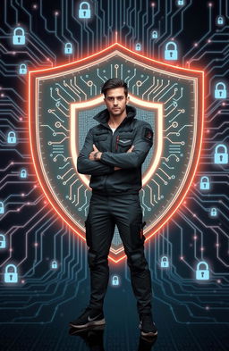 A digital shield symbolizing protection against scammers, featuring intricate circuitry patterns and a determined individual standing confidently in front of it, wearing modern smart clothing with a tech-inspired design