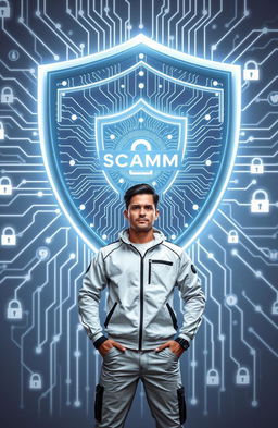 A digital shield symbolizing protection against scammers, featuring intricate circuitry patterns and a determined individual standing confidently in front of it, wearing modern smart clothing with a tech-inspired design