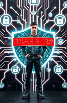 A digital shield symbolizing protection against scammers, featuring intricate circuitry patterns and a determined individual standing confidently in front of it, wearing modern smart clothing with a tech-inspired design