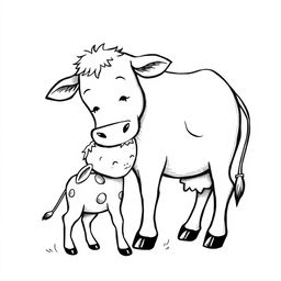 black and white drawing of an affectionate cow gently licking her calf, illustrating a tender and loving moment