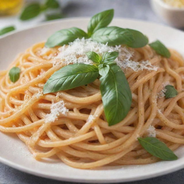 A close-up image of a plate of freshly cooked spaghetti sprinkled with parmesan cheese and garnished with basil leaves