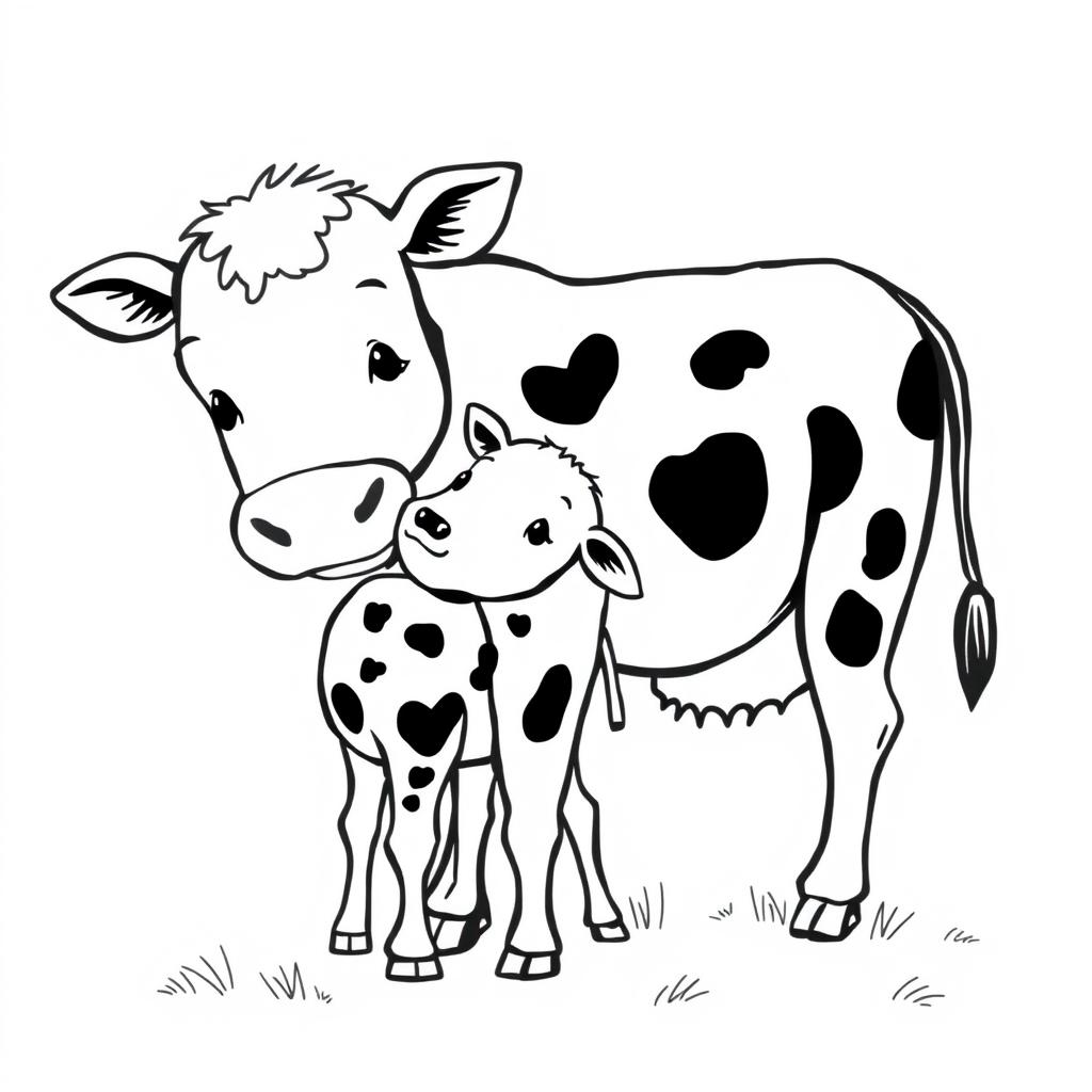 black and white drawing of an affectionate cow gently licking her calf, illustrating a tender and loving moment