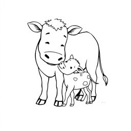 black and white drawing of an affectionate cow gently licking her calf, illustrating a tender and loving moment