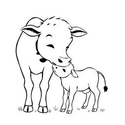 black and white drawing of an affectionate cow gently licking her calf, illustrating a tender and loving moment