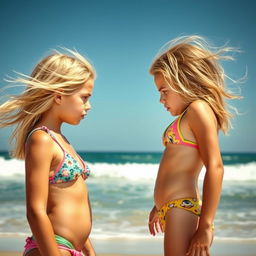 Two girls on a beach facing each other under a clear blue sky