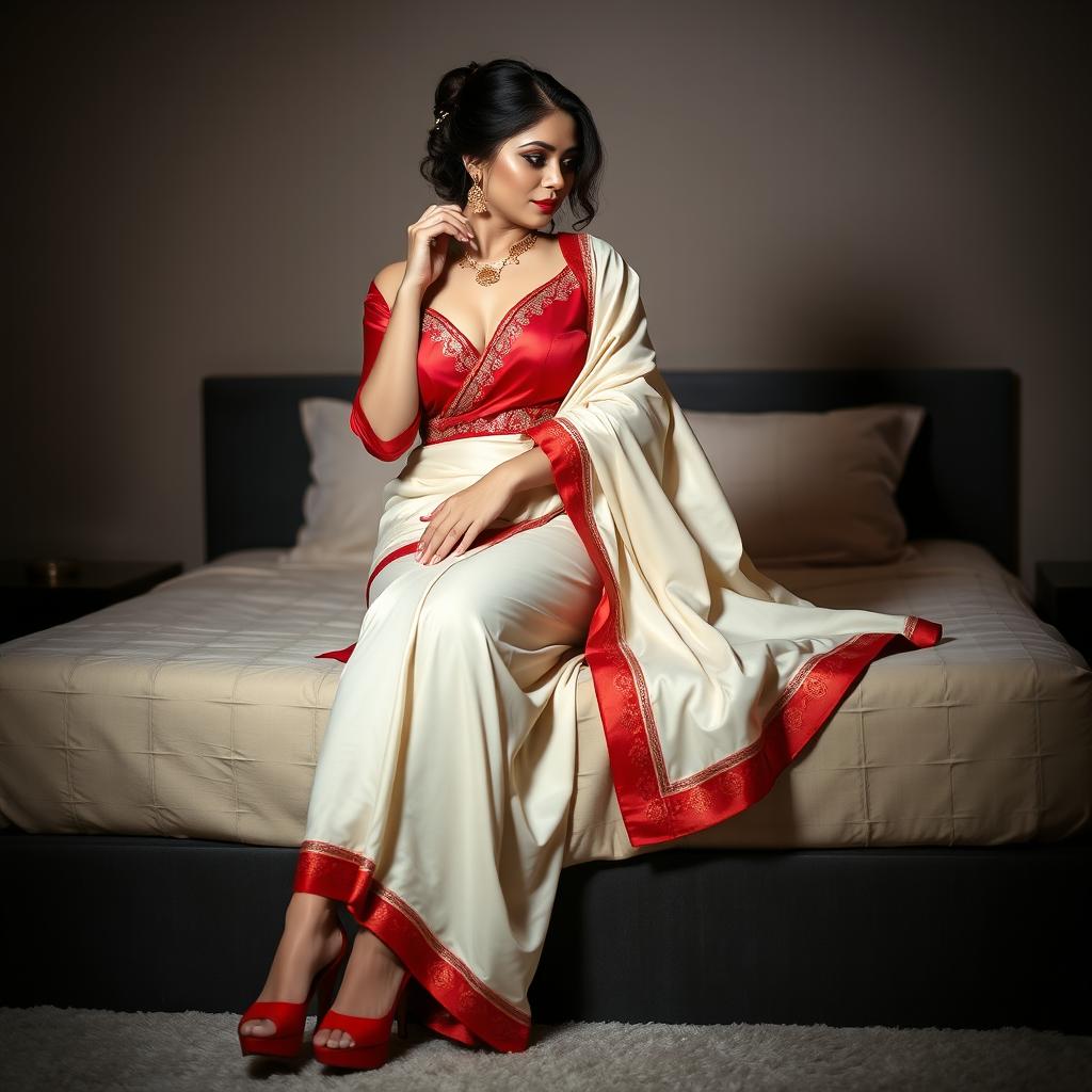 A sensual scene portraying a passionate Thai woman adorned in a cream and red mekhela chadar with an elegant red blouse and high heels