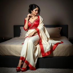 A sensual scene portraying a passionate Thai woman adorned in a cream and red mekhela chadar with an elegant red blouse and high heels