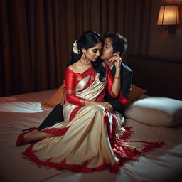 A sensual scene portraying a passionate Thai woman adorned in a cream and red mekhela chadar with an elegant red blouse and high heels