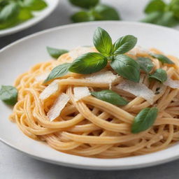 A close-up image of a plate of freshly cooked spaghetti sprinkled with parmesan cheese and garnished with basil leaves