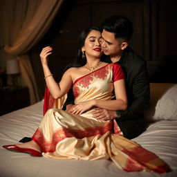 A sensual scene portraying a passionate Thai woman adorned in a cream and red mekhela chadar with an elegant red blouse and high heels