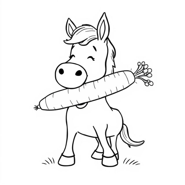 black and white drawing of a horse joyfully eating a giant carrot, set against a white background