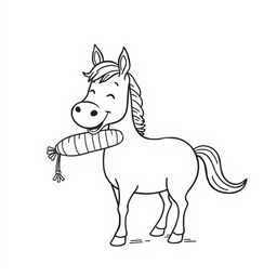 black and white drawing of a horse joyfully eating a giant carrot, set against a white background