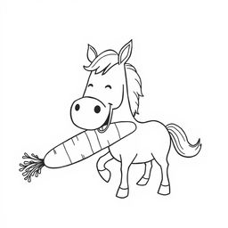 black and white drawing of a horse joyfully eating a giant carrot, set against a white background