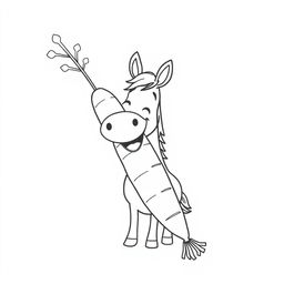 black and white drawing of a horse joyfully eating a giant carrot, set against a white background