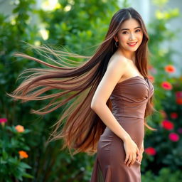 A beautiful Vietnamese woman with long, flowing hair, confidently wearing an elegant dress that accentuates her figure