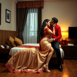 A sensual and provocative scene set in a tastefully decorated Oyo hotel room, featuring a captivating Thai woman with a voluptuous figure