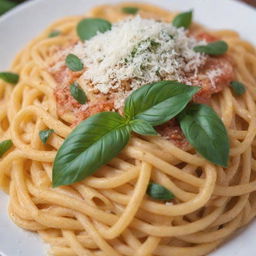 A close-up image of a plate of freshly cooked spaghetti sprinkled with parmesan cheese and garnished with basil leaves