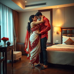 A sensual and provocative scene set in a tastefully decorated Oyo hotel room, featuring a captivating Thai woman with a voluptuous figure