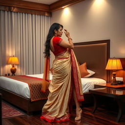 A sensual and provocative scene set in a tastefully decorated Oyo hotel room, featuring a captivating Thai woman with a voluptuous figure