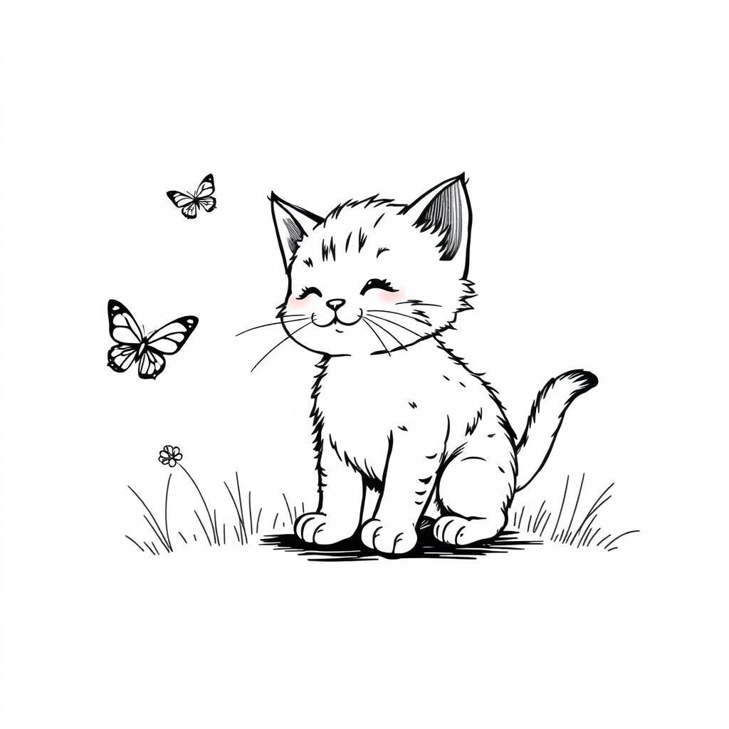 black and white drawing of a farm kitten playfully hunting butterflies, placed on a clean white background