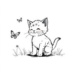 black and white drawing of a farm kitten playfully hunting butterflies, placed on a clean white background