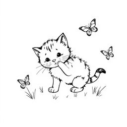 black and white drawing of a farm kitten playfully hunting butterflies, placed on a clean white background