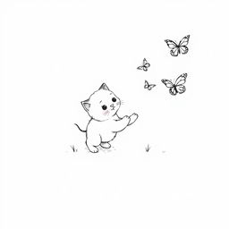 black and white drawing of a farm kitten playfully hunting butterflies, placed on a clean white background