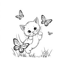 black and white drawing of a farm kitten playfully hunting butterflies, placed on a clean white background