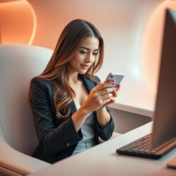 A sexy girl is focused intently on her smartphone, using it to work on the internet