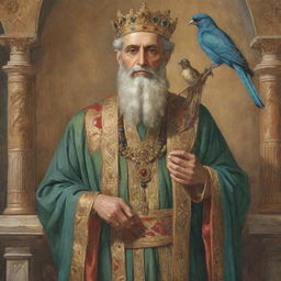 A meticulously crafted illustration of Prophet Solomon, dressed in regal, ancient attire, with a radiant bird peacefully perched on his right hand.