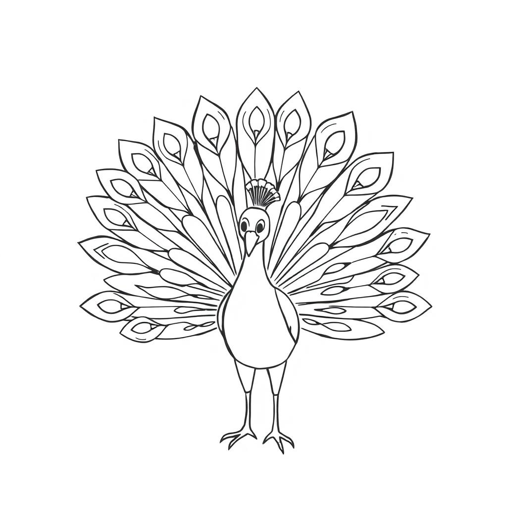 black and white drawing of a peacock proudly displaying its feathers in a fan-like arrangement, set against a plain white background