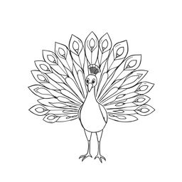 black and white drawing of a peacock proudly displaying its feathers in a fan-like arrangement, set against a plain white background