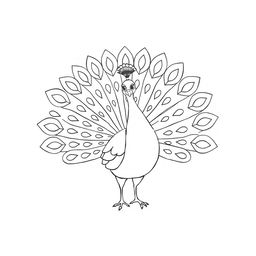 black and white drawing of a peacock proudly displaying its feathers in a fan-like arrangement, set against a plain white background