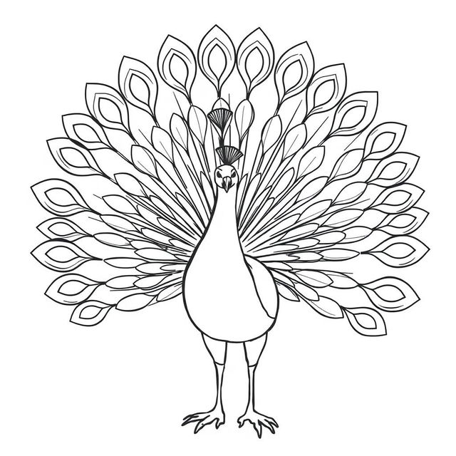 black and white drawing of a peacock proudly displaying its feathers in a fan-like arrangement, set against a plain white background