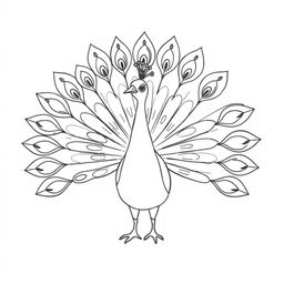 black and white drawing of a peacock proudly displaying its feathers in a fan-like arrangement, set against a plain white background