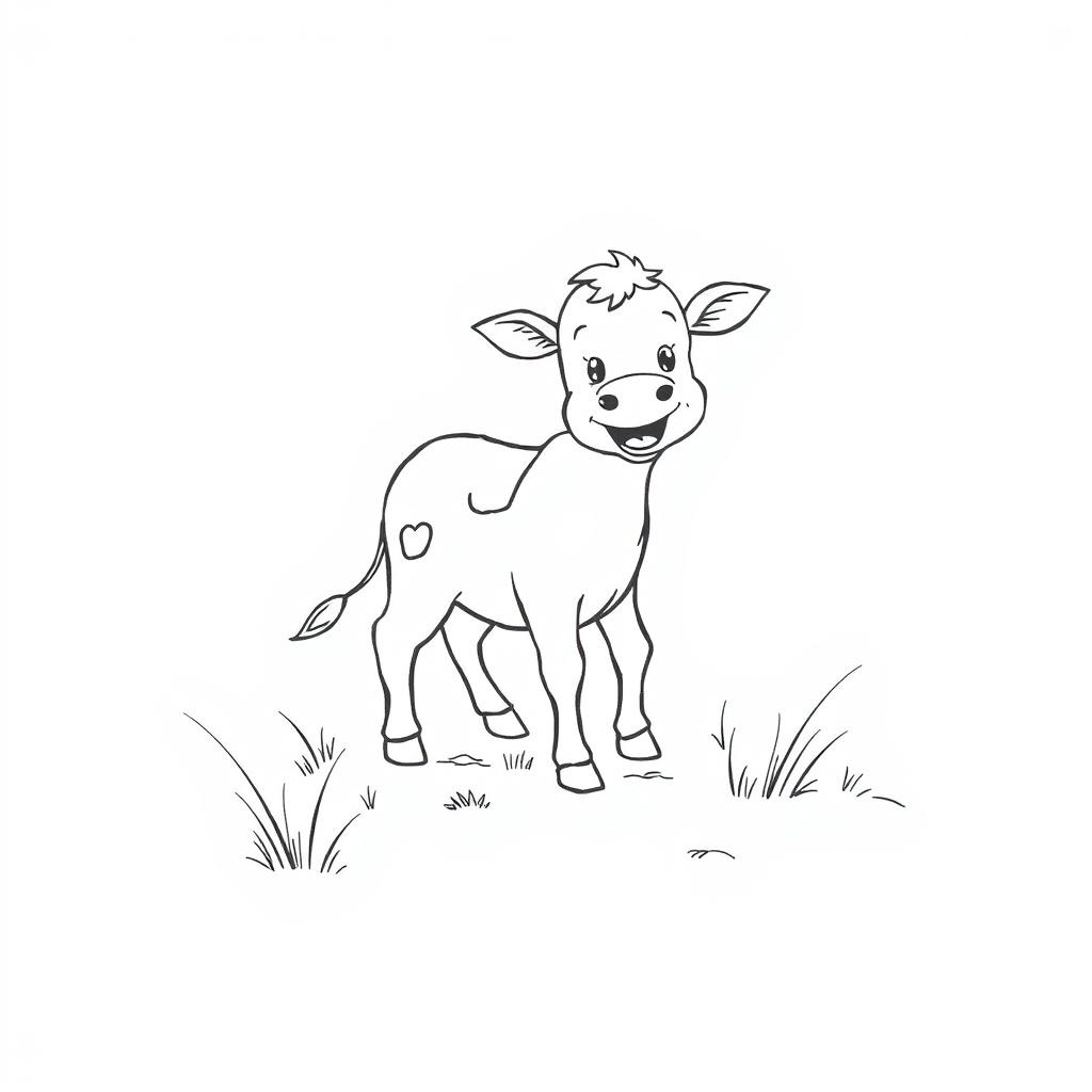 black and white drawing of an adorable calf happily exploring the countryside, depicted on a plain white background