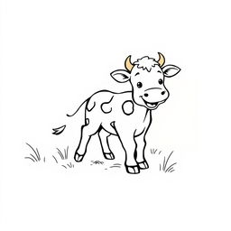 black and white drawing of an adorable calf happily exploring the countryside, depicted on a plain white background