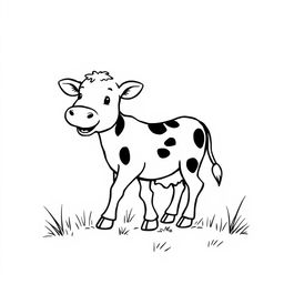 black and white drawing of an adorable calf happily exploring the countryside, depicted on a plain white background