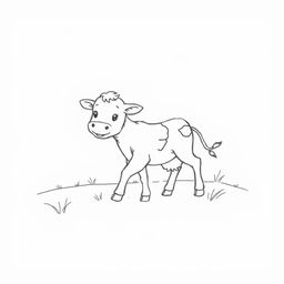 black and white drawing of an adorable calf happily exploring the countryside, depicted on a plain white background