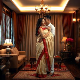 A Thailand woman with an alluring presence, wearing a cream and red-colored traditional muga saree and an elegant red mekhela blouse with high heels