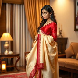 A Thailand woman with an alluring presence, wearing a cream and red-colored traditional muga saree and an elegant red mekhela blouse with high heels