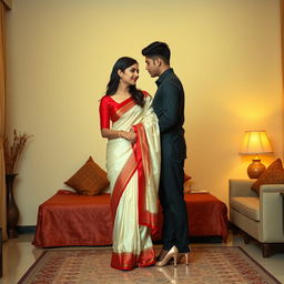 A Thailand woman with an alluring presence, wearing a cream and red-colored traditional muga saree and an elegant red mekhela blouse with high heels