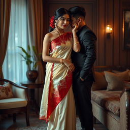 A Thailand woman with an alluring presence, wearing a cream and red-colored traditional muga saree and an elegant red mekhela blouse with high heels