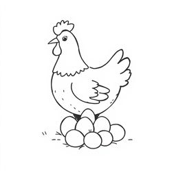 black and white drawing of a cute hen gently taking care of her eggs, set against a plain white background