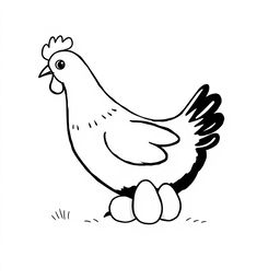 black and white drawing of a cute hen gently taking care of her eggs, set against a plain white background