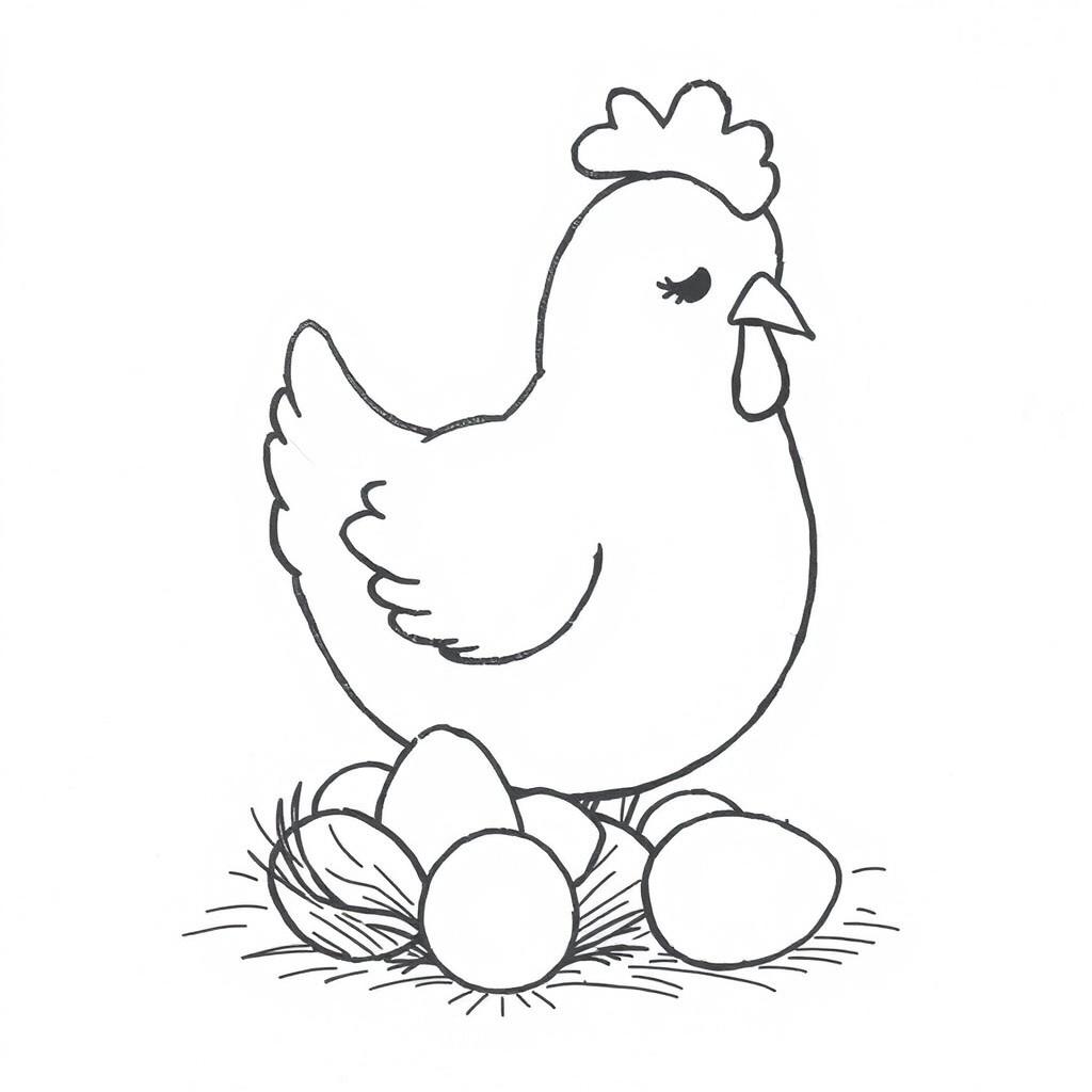 black and white drawing of a cute hen gently taking care of her eggs, set against a plain white background