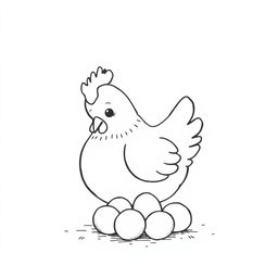 black and white drawing of a cute hen gently taking care of her eggs, set against a plain white background