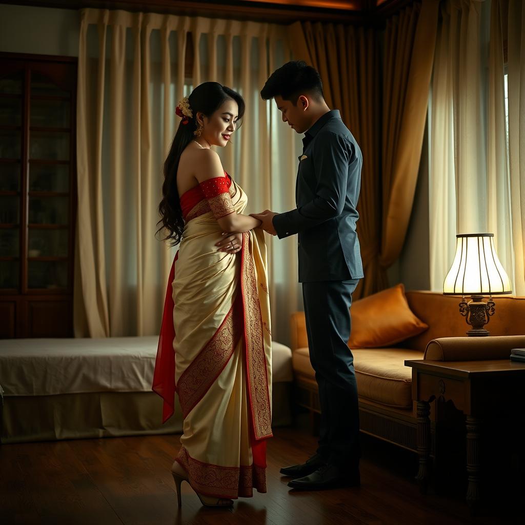 A Thailand woman in an elegant traditional attire with a cream and red muga saree and red mekhela blouse, adorned with high heels in an oyo room