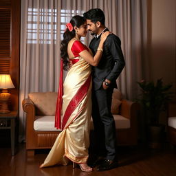 A Thailand woman in an elegant traditional attire with a cream and red muga saree and red mekhela blouse, adorned with high heels in an oyo room