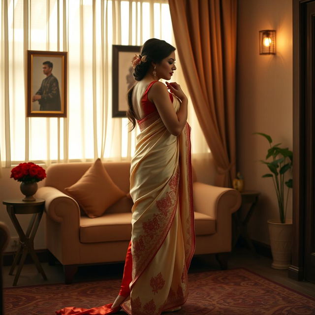 A Thailand woman in an elegant traditional attire with a cream and red muga saree and red mekhela blouse, adorned with high heels in an oyo room